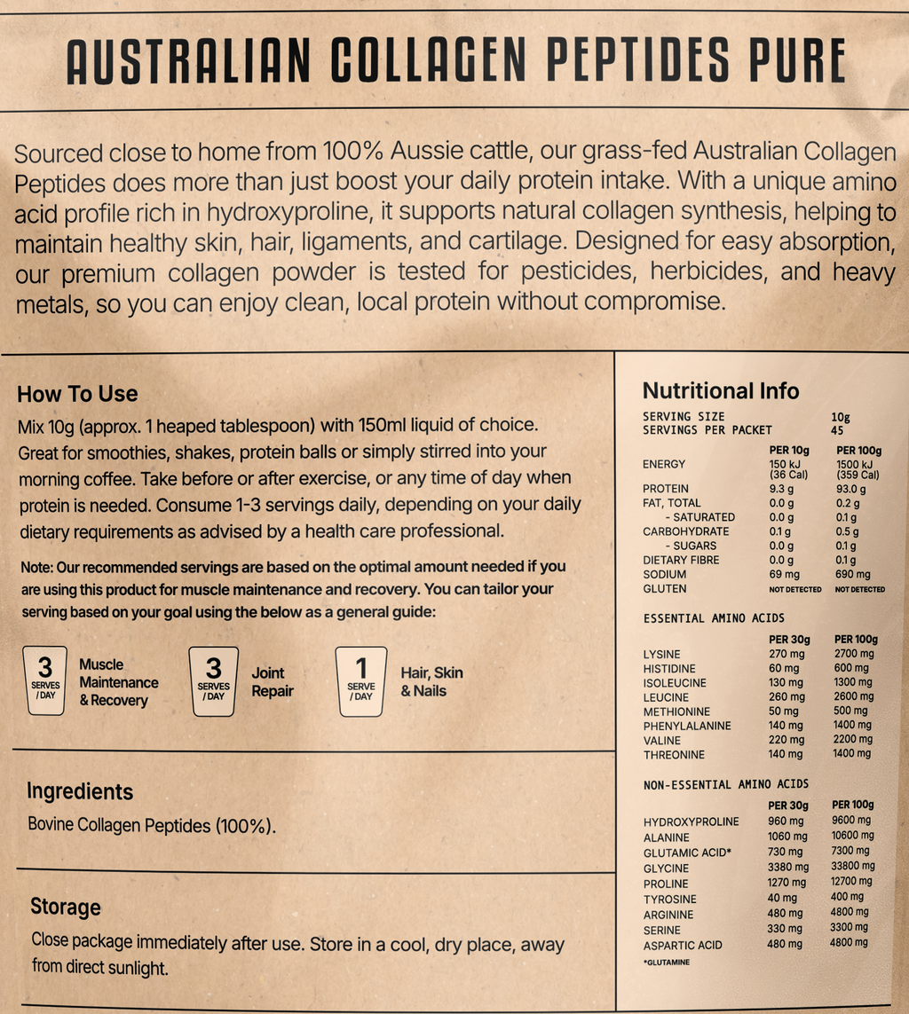 Back view of a stand-up pouch of Australian Collagen Peptides Pure, showing product information, usage instructions, ingredients, and a barcode on a light gray background.