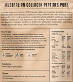 Back view of a stand-up pouch of Australian Collagen Peptides Pure, showing product information, usage instructions, ingredients, and a barcode on a light gray background.