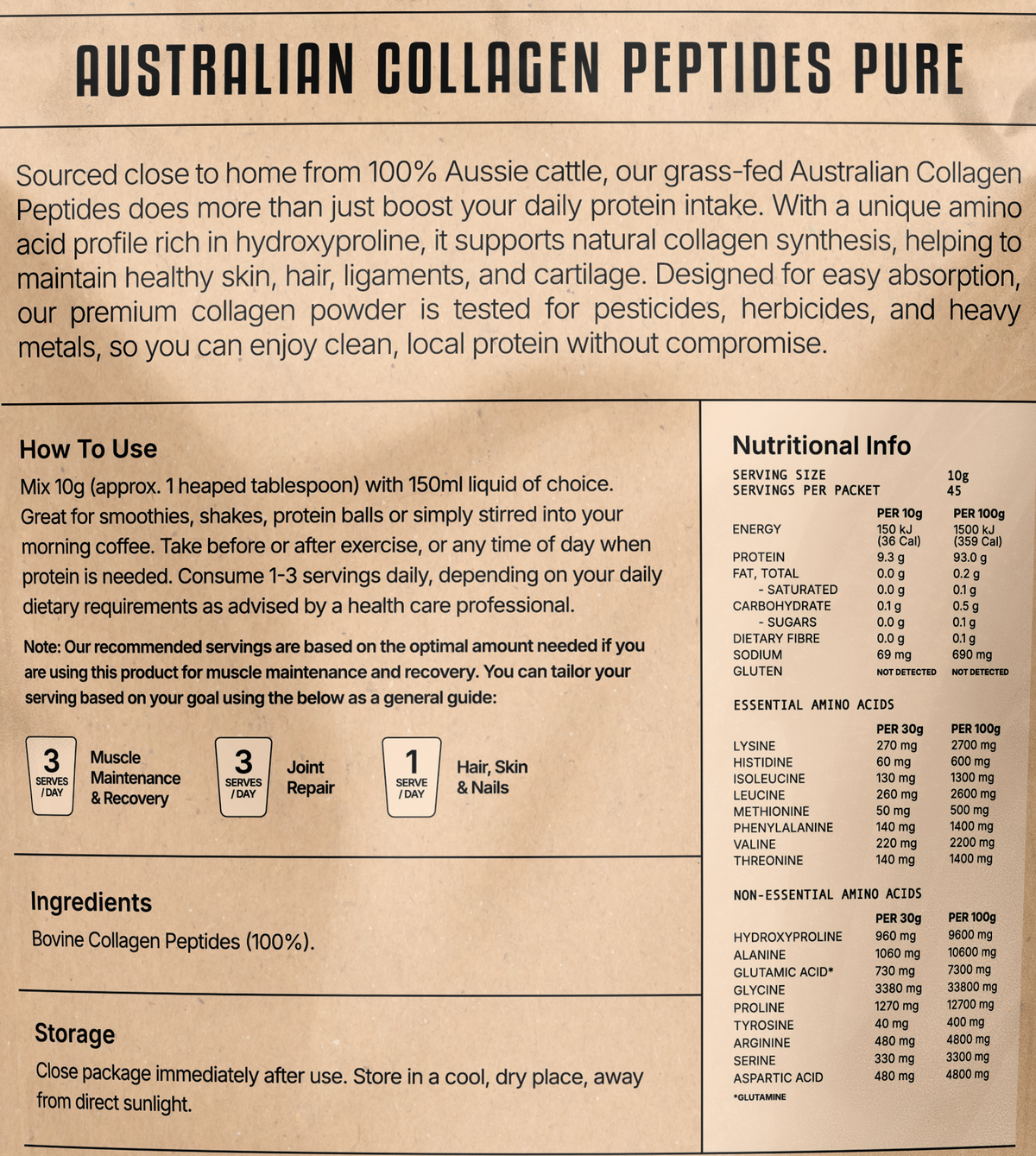 Back view of a stand-up pouch of Australian Collagen Peptides Pure, showing product information, usage instructions, ingredients, and a barcode on a light gray background.