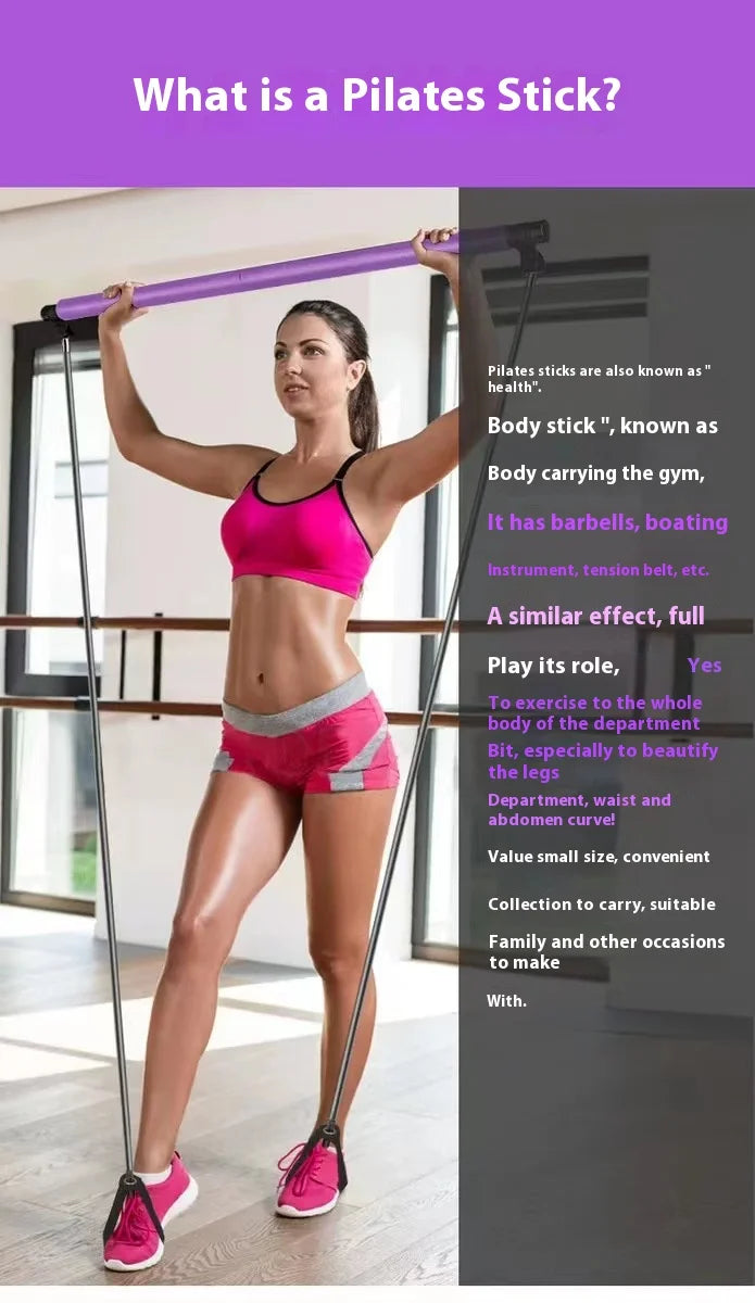 Pilates Stick - Adjustable Fitness Bar for Home Workout, Yoga, Stretching, Core Training - Portable & Elastic Resistance