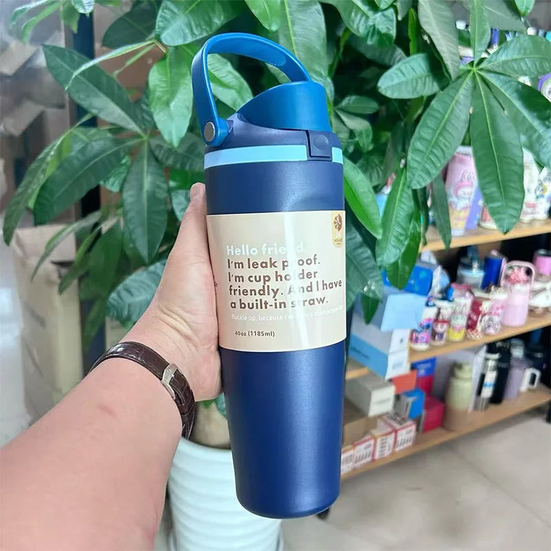 Insulated Stainless Steel Water Bottle Dual Sip Straw & Direct Spout Leak Proof with Handle Car Cup Holder Friendly Sports 960mL/30oz
