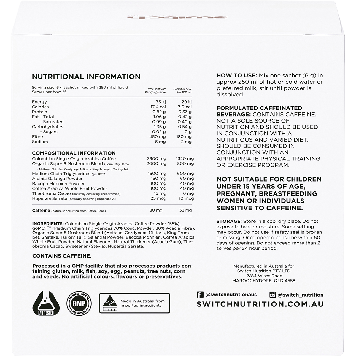 Switch Nutrition Coffee Mental Focus Elixir – Espresso 25 Pack