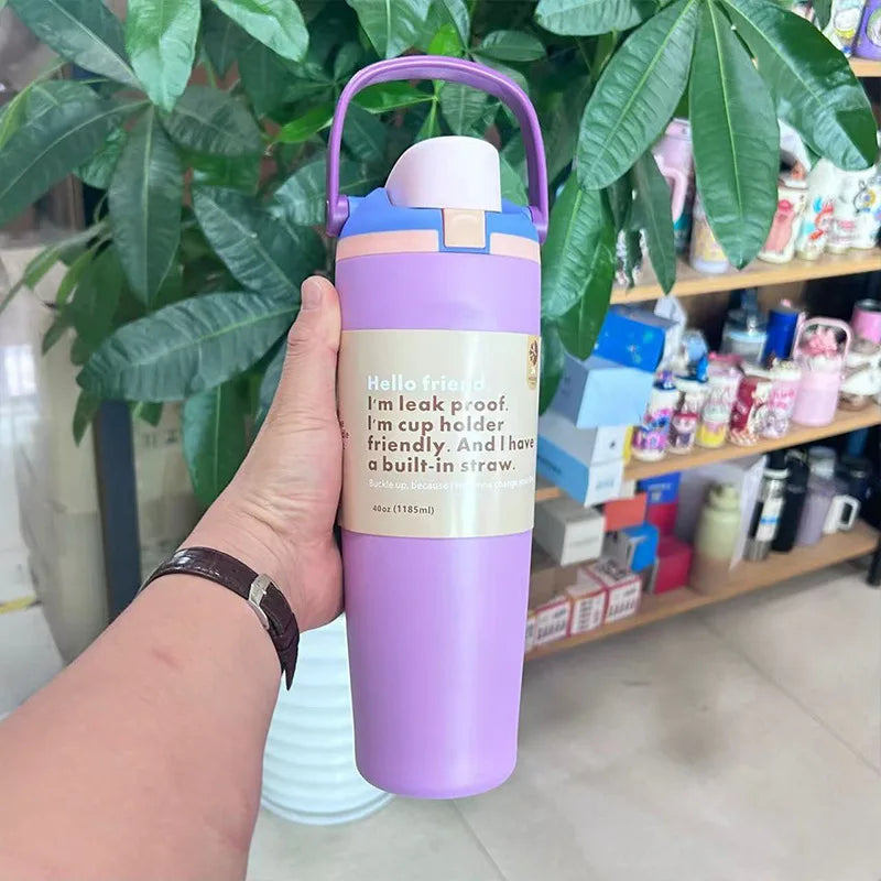 Insulated Stainless Steel Water Bottle Dual Sip Straw & Direct Spout Leak Proof with Handle Car Cup Holder Friendly Sports 960mL/30oz