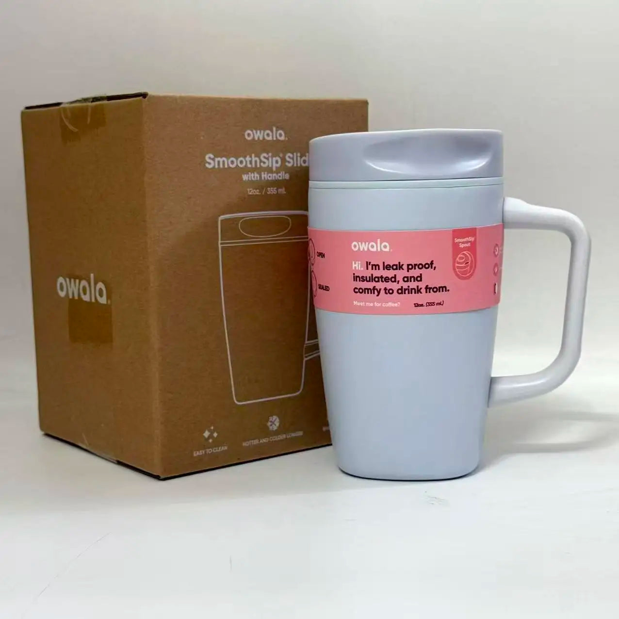 Owala SmoothSip Slider Stainless Steel Insulated Mug with Handle, Leak Proof, For Hot and Cold Drinks, Sliding Lock Lid, 12oz