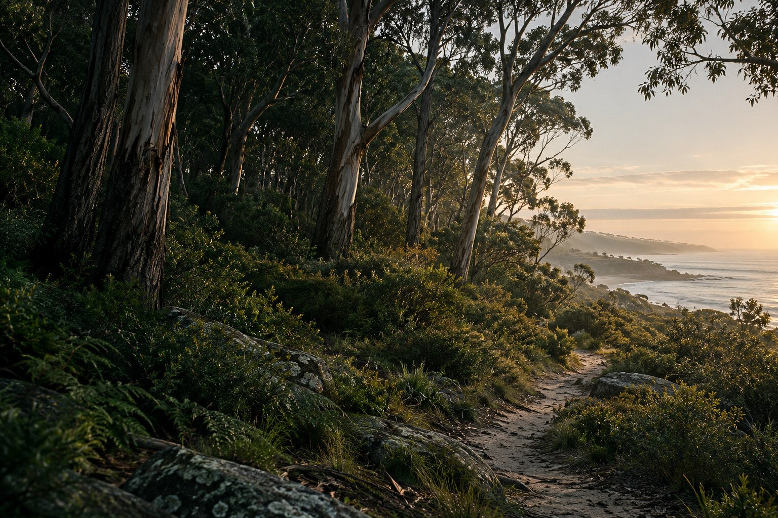 Morning light through coastal woodland